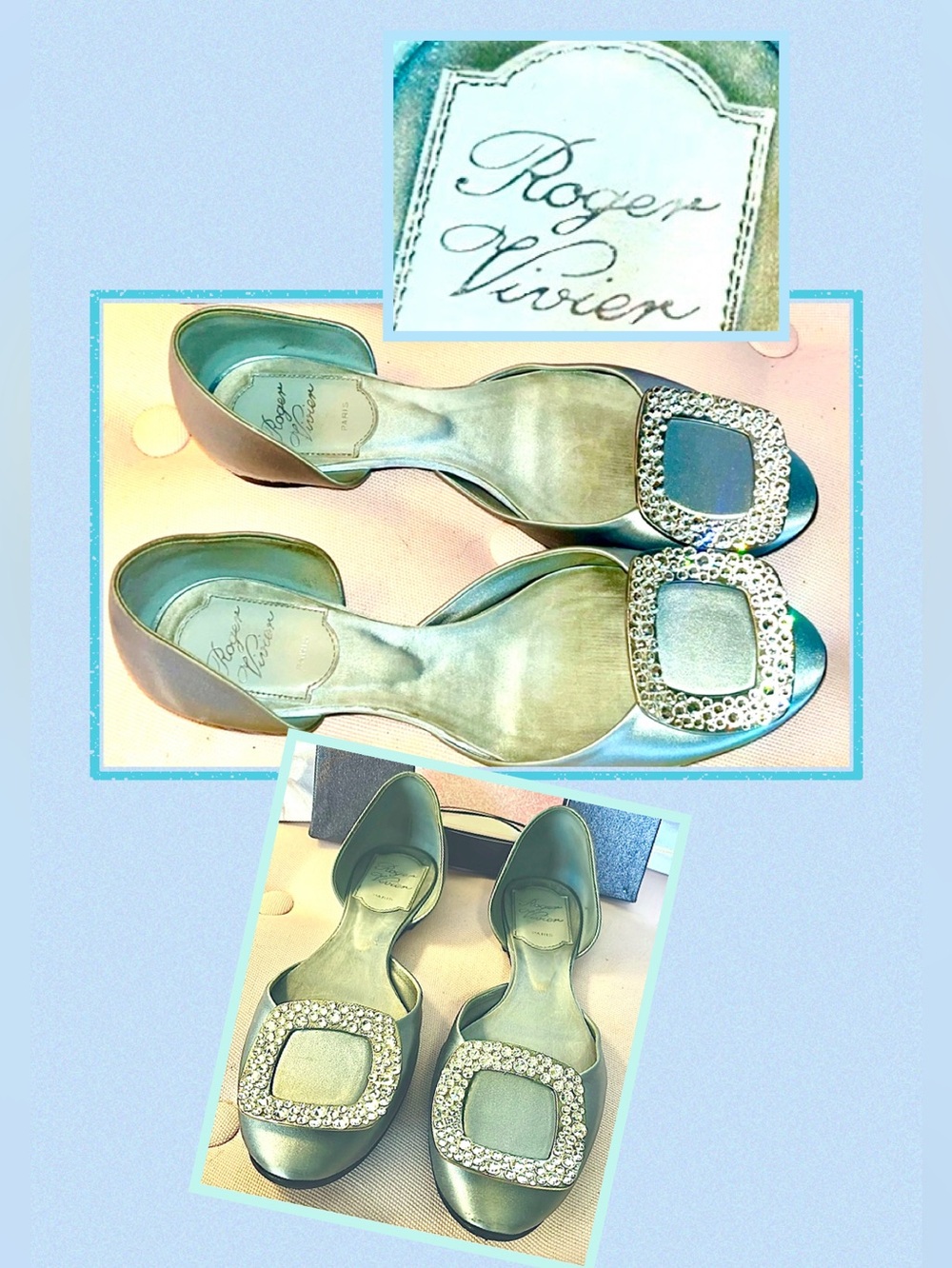 Roger Vivier baby blue satin flats w/brilliant crystal buckles gorgeous sz 34.5 - Picture 16 of 16